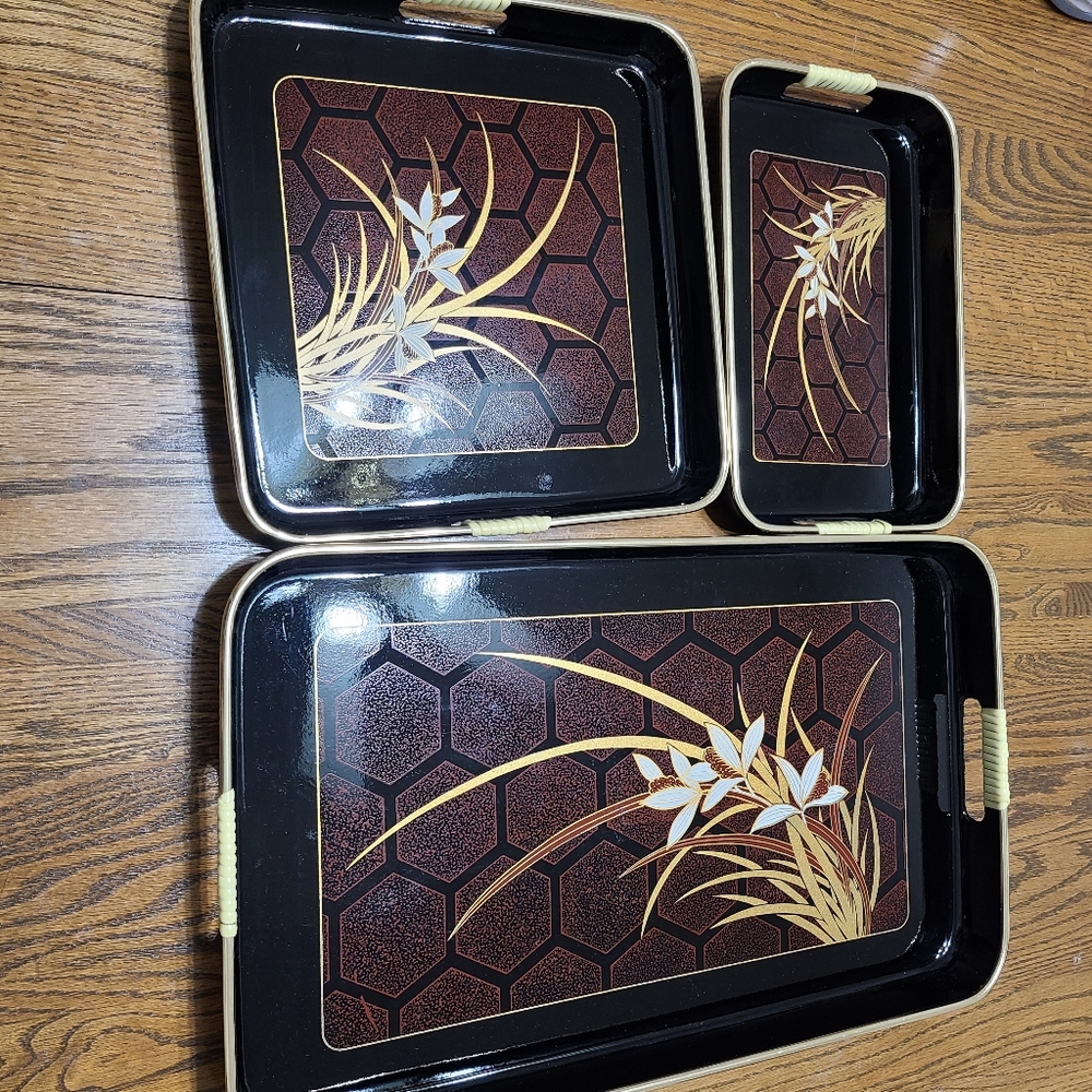 Vintage 1984 Nishi Garden 3 PC Nested Lacquerware Tray Set Himark Japan